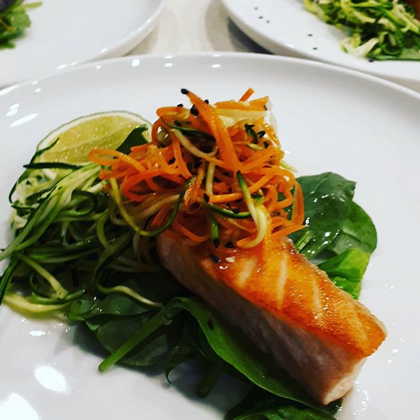 Salmon, julienne vegetables